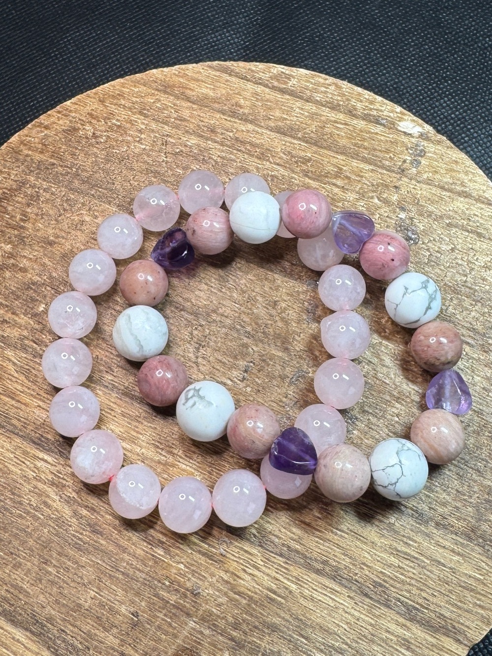Rose Quartz and Amethyst Beaded Stretch Bracelet Set - Pink and Purple
